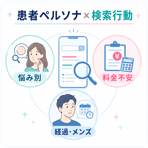 美容皮膚科に来院する患者の悩み別ペルソナ、料金不安、施術後の経過検索、メンズ美容ニーズをまとめた図