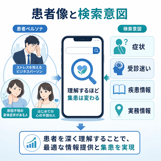 心療内科を探す患者像と症状・受診迷い・疾患情報・実務情報などの検索意図を整理したイラスト