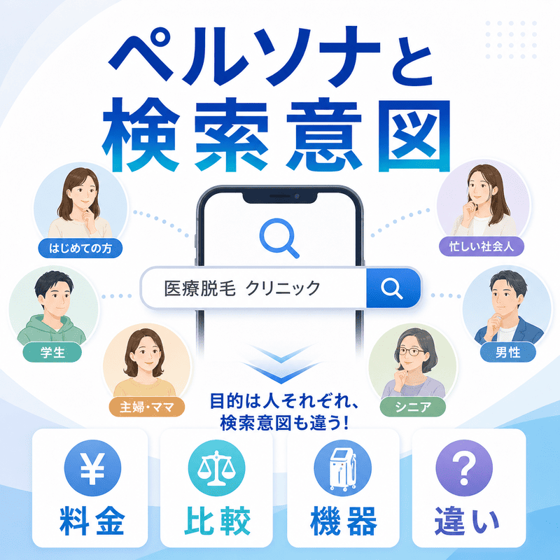 医療脱毛を検討する患者ペルソナごとに、料金・比較・機器・違いなど検索意図が異なることを示した図