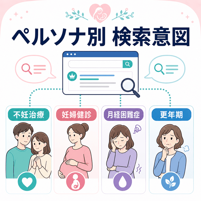 不妊治療、妊婦健診、月経困難症、更年期など患者ペルソナ別の検索意図の違いを示した図