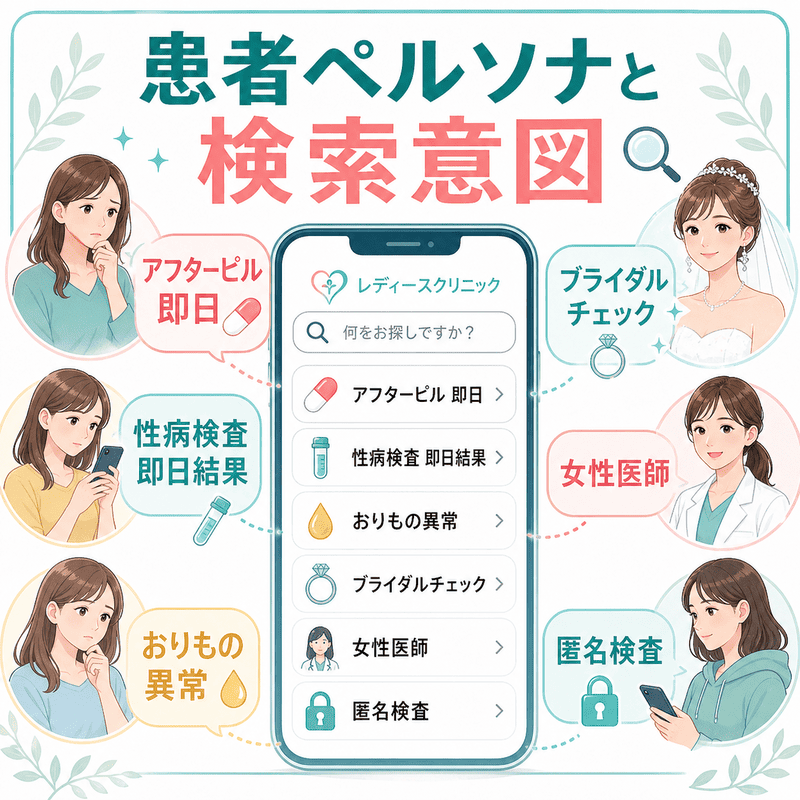 アフターピル即日、性病検査即日結果、おりもの異常、女性医師など、患者ペルソナごとの検索意図をスマホ検索画面で示した図