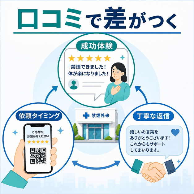 禁煙成功や数値改善などの成功体験口コミを集め、丁寧な返信で新患につなげる流れを示した図