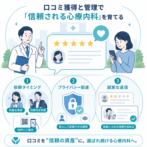 心療内科の口コミ獲得で依頼タイミング、プライバシー配慮、誠実な返信を重視し信頼を育てる流れを示した図