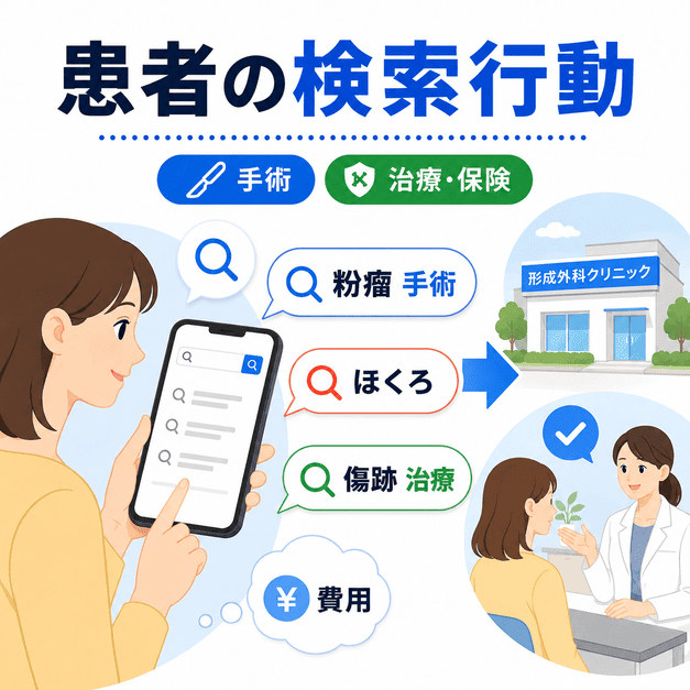 患者がスマートフォンで粉瘤・ほくろ・傷跡などを検索し、形成外科を探す行動を示したイラスト