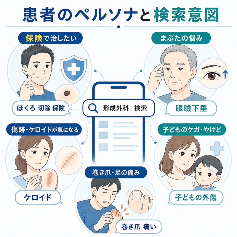形成外科を探す患者の悩みや検索意図を、ほくろ・眼瞼下垂・ケロイド・子どもの外傷・巻き爪で示した図