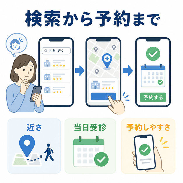 患者がスマートフォンで近くの内科を検索し、地図で比較して予約するまでの流れを示したイラスト