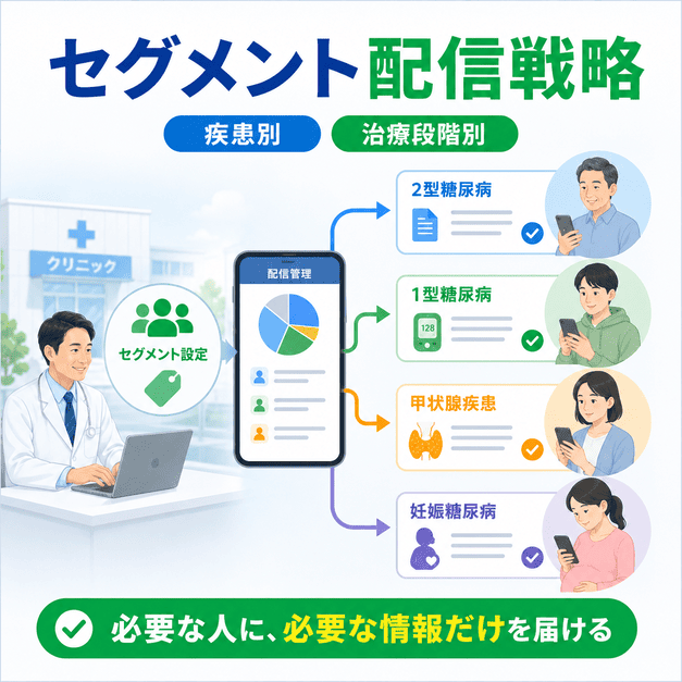 疾患別・治療段階別に患者をセグメントし、必要な人に必要な情報だけをLINEで届ける配信戦略を示したイラスト