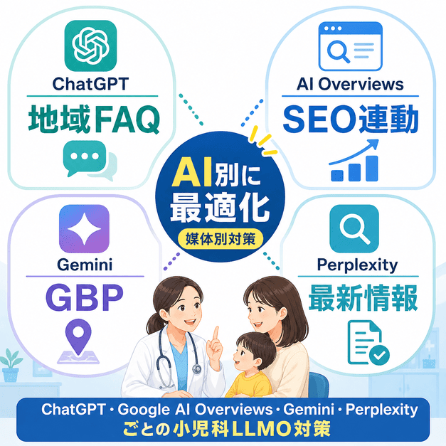 ChatGPT、Google AI Overviews、Gemini、Perplexityごとに小児科LLMO対策を最適化する考え方を示した図解