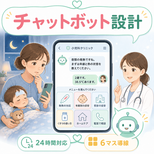 深夜の発熱相談に対応する小児科LINEのチャットボットと、6マスのリッチメニュー導線を描いたイラスト