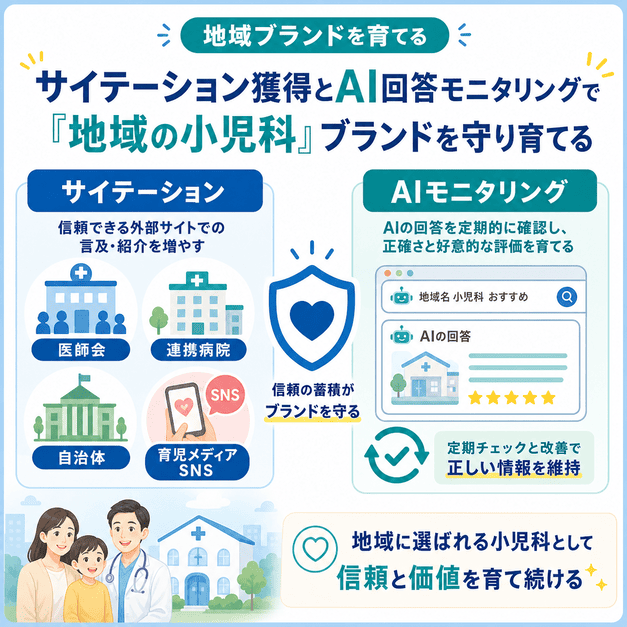 サイテーション獲得とAI回答モニタリングで地域の小児科ブランドを育てる方法を示した図解