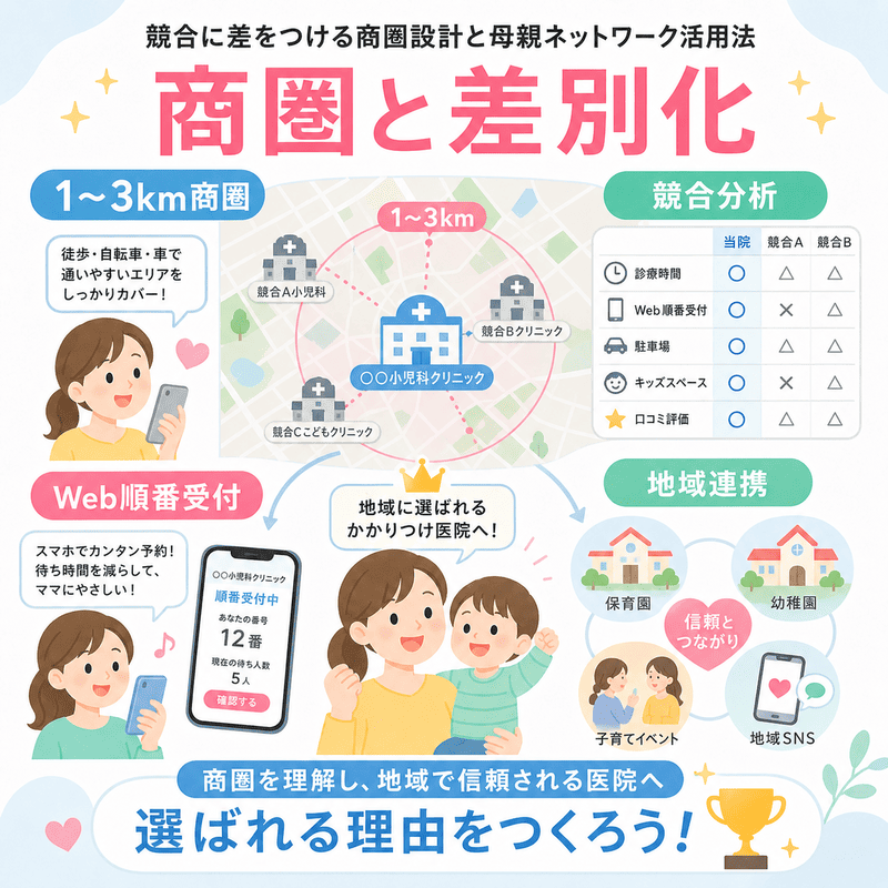 半径1〜3kmの商圏、競合分析、Web順番受付、地域連携による小児科の差別化を図解したイラスト