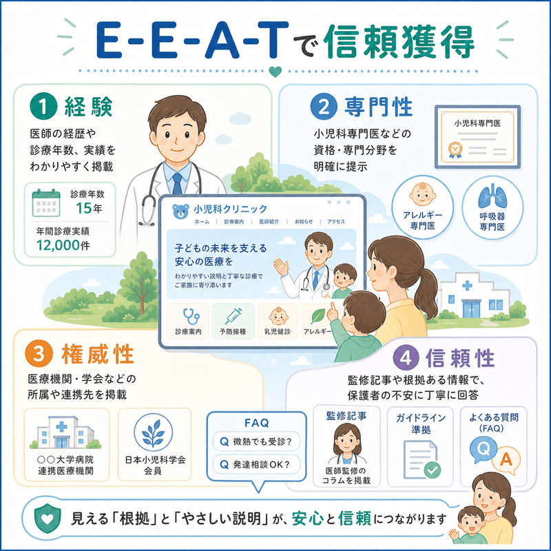 小児科クリニックのE-E-A-Tとして、医師の経験、専門性、権威性、信頼性を見える化する方法を示したイラスト