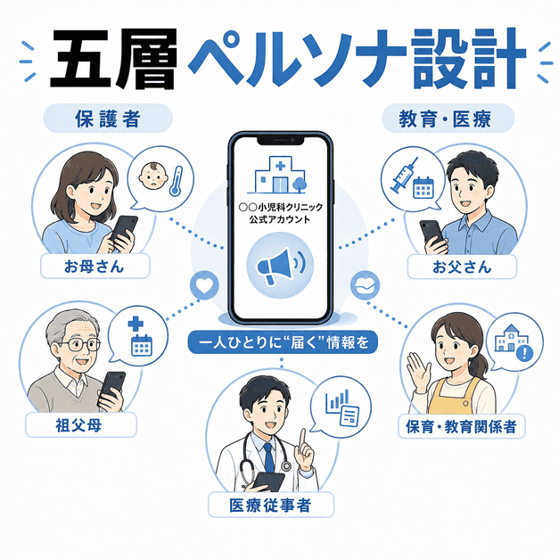 小児科クリニックのX運用で母親・父親・祖父母・教育関係者・医療従事者に情報を届け分ける図解