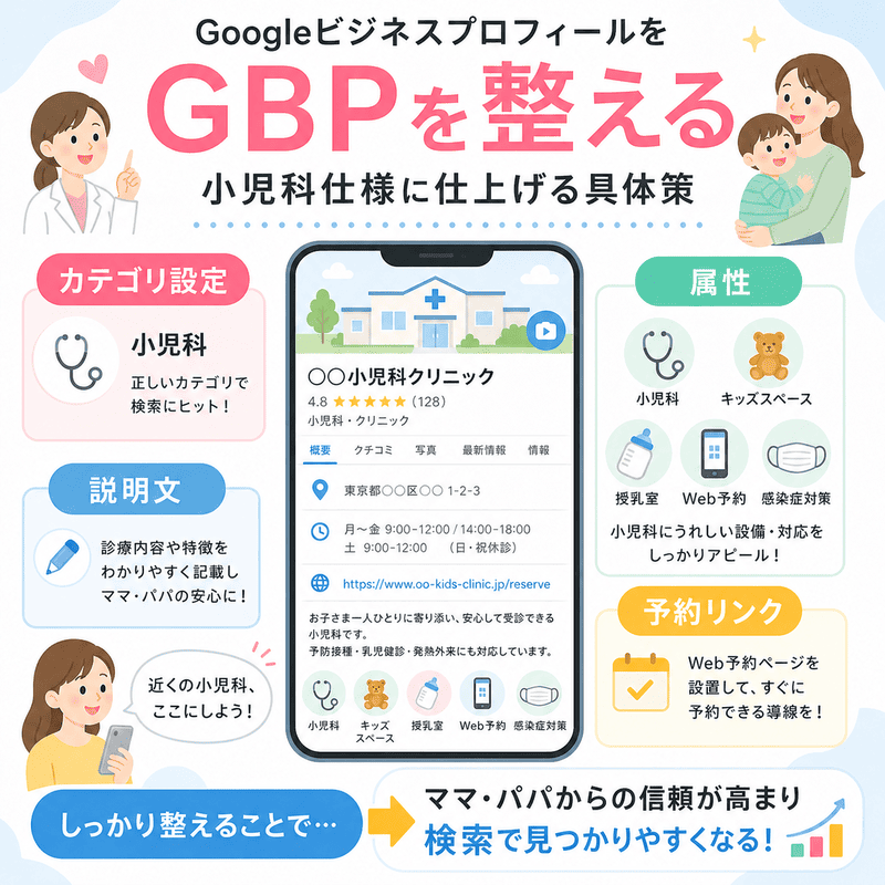 Googleビジネスプロフィールで小児科のカテゴリ、説明文、属性、予約リンクを整える方法を図解したイラスト