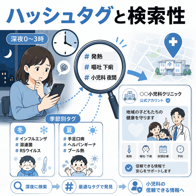 深夜に子どもの症状を検索する保護者へ、ハッシュタグと検索性で小児科情報を届けるイメージ