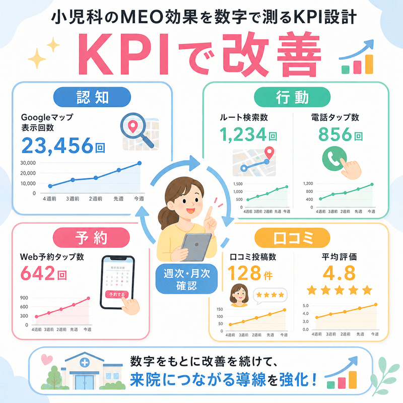 Googleマップ表示回数、ルート検索数、電話タップ数、Web予約数、口コミ数をKPIで管理する方法を図解したイラスト