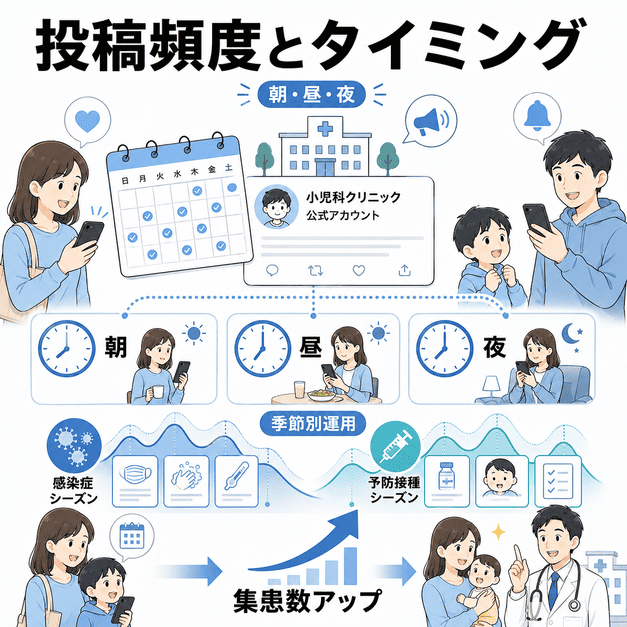 感染症シーズンや予防接種シーズンに合わせて朝昼夜の投稿頻度を設計する小児科X運用の図解