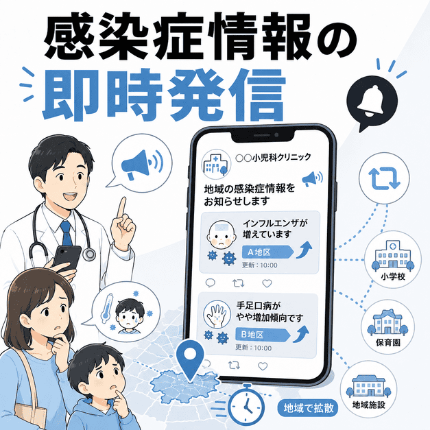 小児科クリニックがXで地域の感染症情報を即時発信し、保護者へ届ける様子