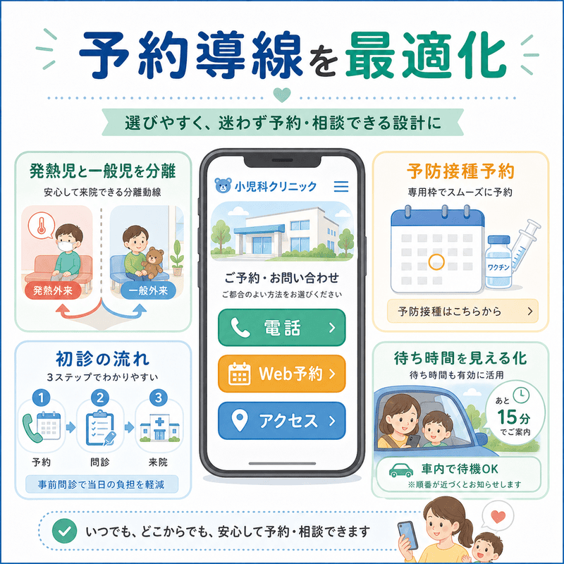 電話、Web予約、アクセス、発熱外来の分離、予防接種予約など、親が迷わず行動できる予約導線を示したイラスト