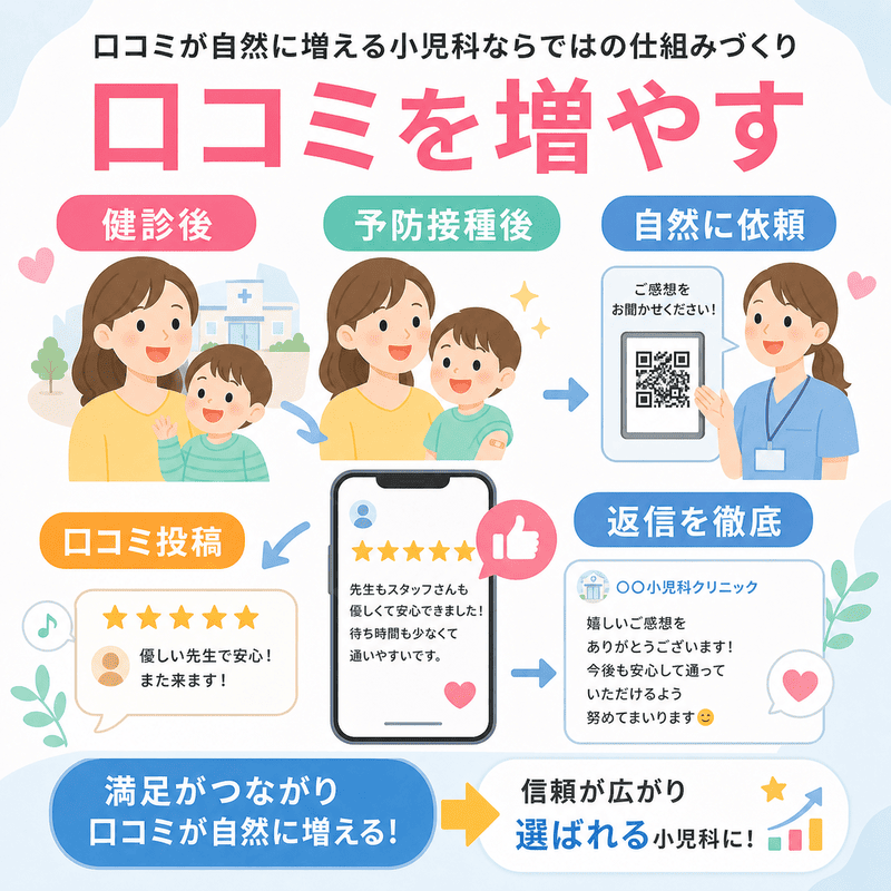 健診後や予防接種後に自然な口コミ依頼を行い、返信対応で信頼を高める流れを図解したイラスト