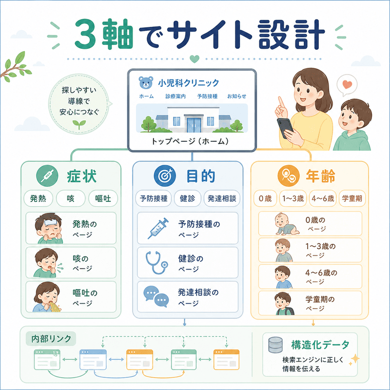 小児科クリニックのサイトを症状・目的・年齢の3軸で設計し、内部リンクや構造化データで整理する様子を示したイラスト