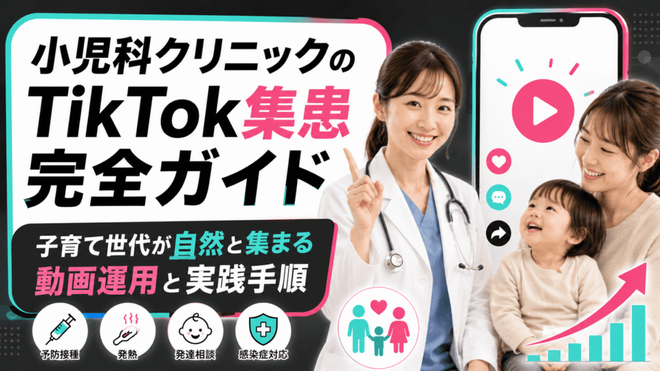小児科クリニックのTikTok集患完全ガイドを表す、女医と親子、動画フレームや成長グラフを組み合わせたアイキャッチ画像