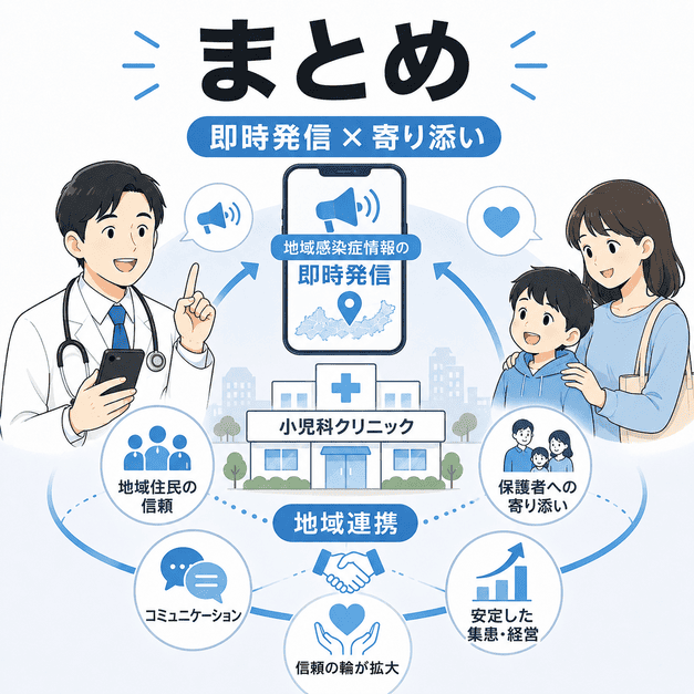 小児科クリニックが地域感染症情報の即時発信と保護者への寄り添いで信頼と集患基盤を築くまとめイメージ