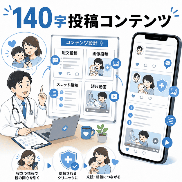 小児科クリニックがXで短文投稿・画像投稿・スレッド・動画を使い分ける投稿コンテンツ設計のイメージ
