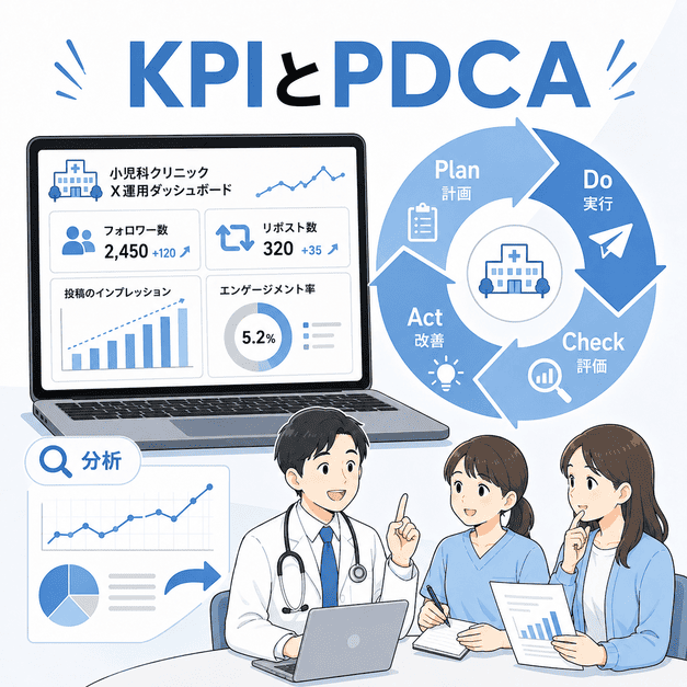 小児科クリニックのX運用でKPIを分析しPDCAサイクルで改善するダッシュボードのイメージ