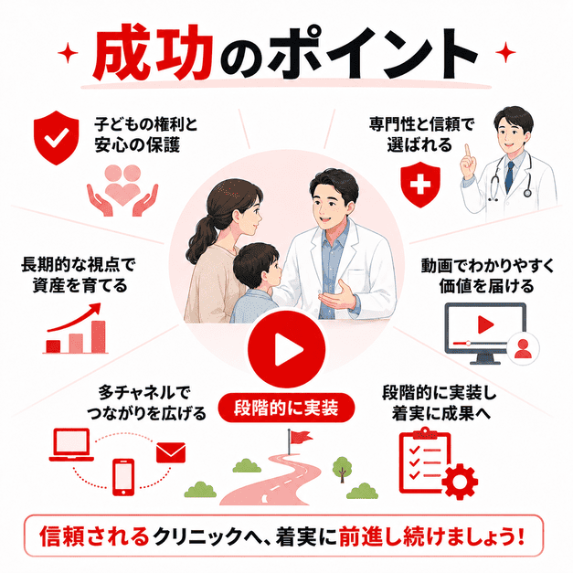 児童精神科・発達障害クリニックのYouTube集患成功に必要な信頼、保護者支援、人権配慮、段階的実装をまとめたイラスト