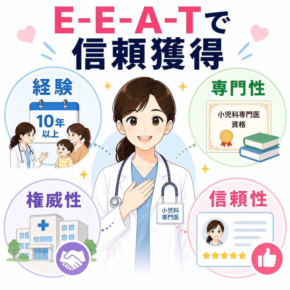 小児科専門医の信頼性をE-E-A-Tの経験・専門性・権威性・信頼性で高める方法を示した図