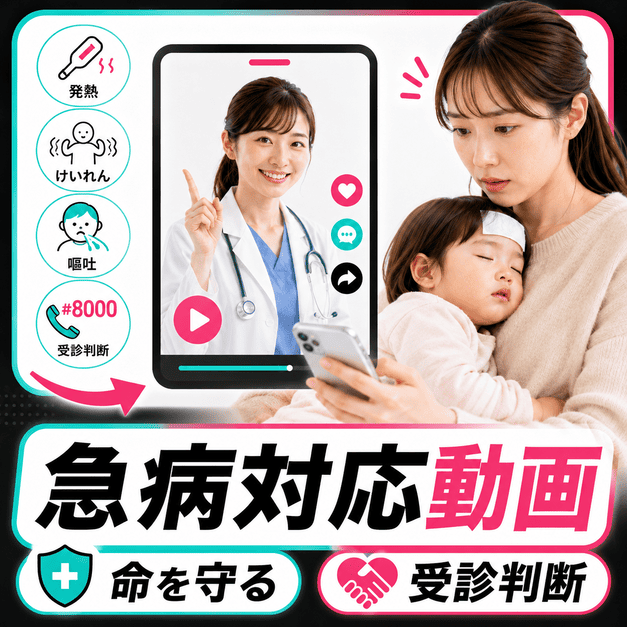 発熱やけいれん、嘔吐など子どもの急病対応動画と受診判断を、スマホで確認する親子と小児科医で表したイラスト