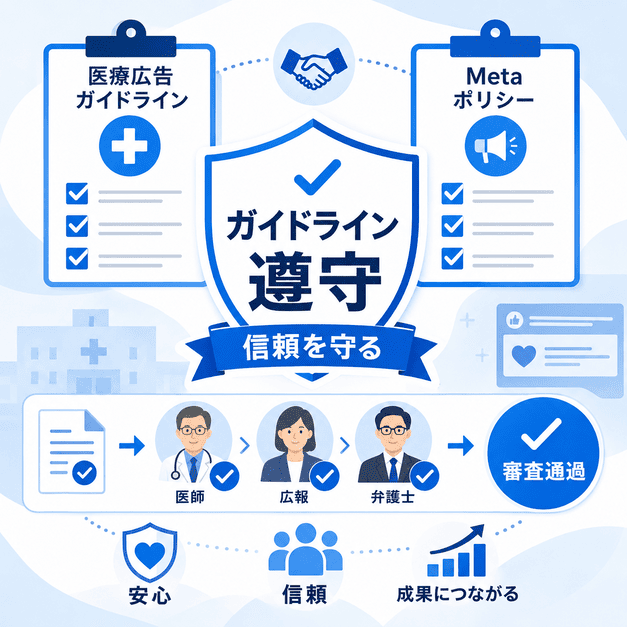 医療広告ガイドラインとMetaポリシーを守るために医師、広報、弁護士が確認する運用体制の図解
