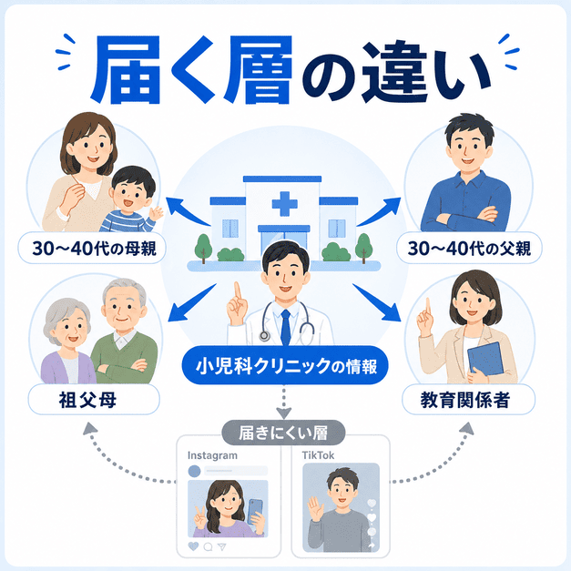 小児科クリニックの情報が30〜40代の母親や父親、祖父母、教育関係者に届く層の違いを示した図解