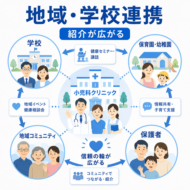 小児科クリニックを中心に学校、保育園、地域コミュニティ、保護者との連携で紹介が広がる図解