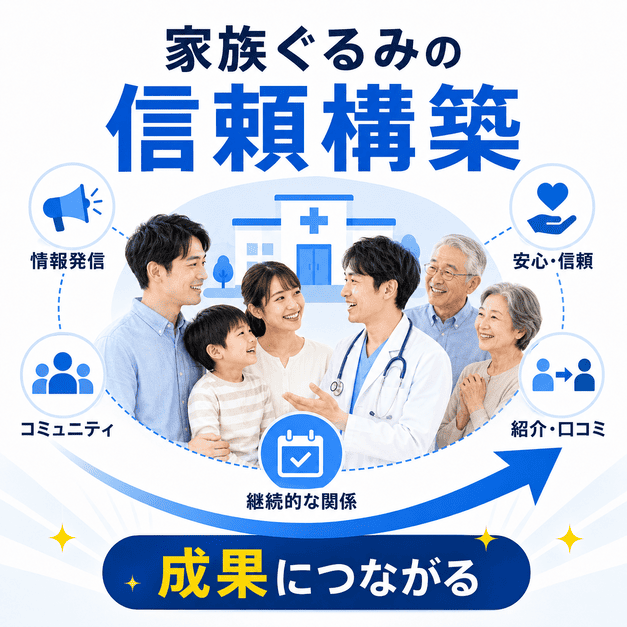 小児科クリニックが家族ぐるみの信頼構築を通じて紹介や継続受診、集患成果につなげる図解