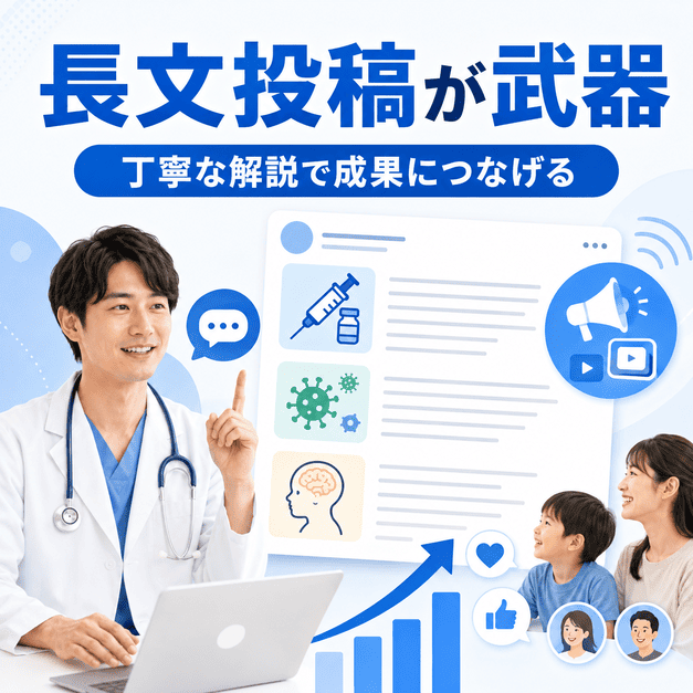 小児科医がワクチンや感染症、発達相談を長文投稿で丁寧に解説し成果につなげる様子の図解
