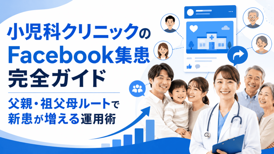 小児科クリニックのFacebook集患について、医師と家族、SNS発信や紹介導線を組み合わせて表現したアイキャッチ画像