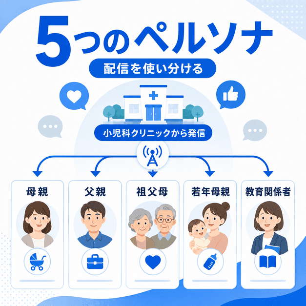 小児科クリニックのFacebook運用で母親、父親、祖父母、若年母親、教育関係者の5つのペルソナを使い分ける図解