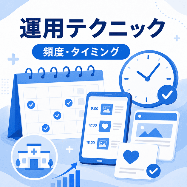 小児科クリニックのFacebook運用で投稿頻度、配信タイミング、ビジュアル設計を管理する図解