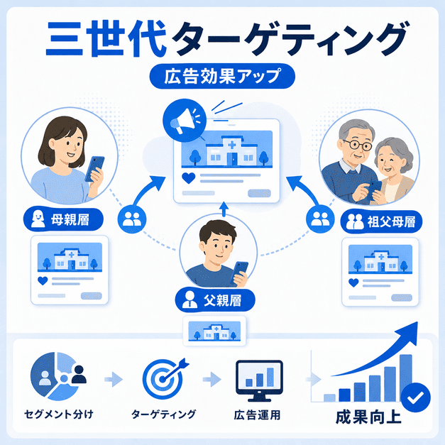 母親、父親、祖父母の三世代に向けて小児科クリニックのFacebook広告を配信し効果を高める図解