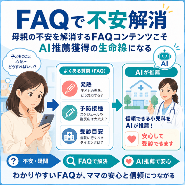 母親の発熱や予防接種、受診目安の不安をFAQで解消しAI推薦につなげる流れを示した図解