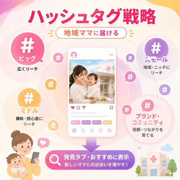 地域ママに投稿を届けるためのハッシュタグ戦略と発見タブ攻略を表したイラスト