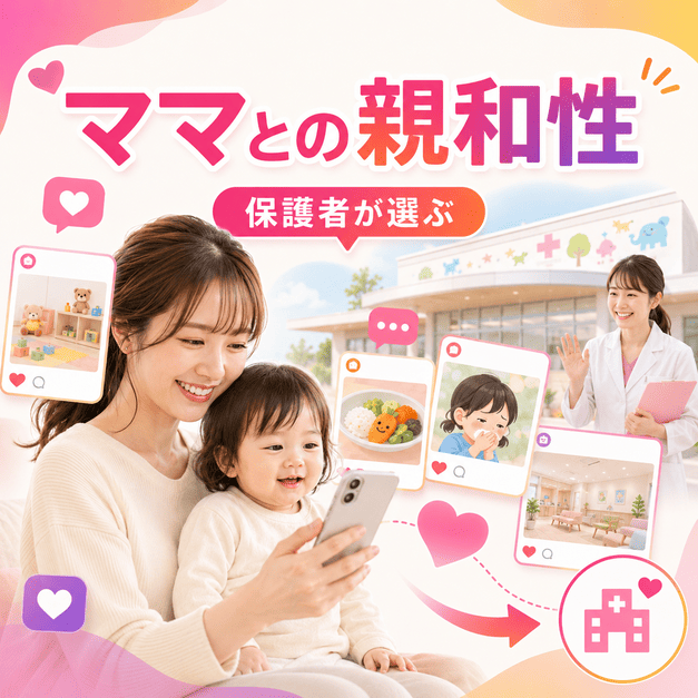 スマートフォンを見る母親と子どもを中心に、小児科とInstagramの親和性を表したイラスト