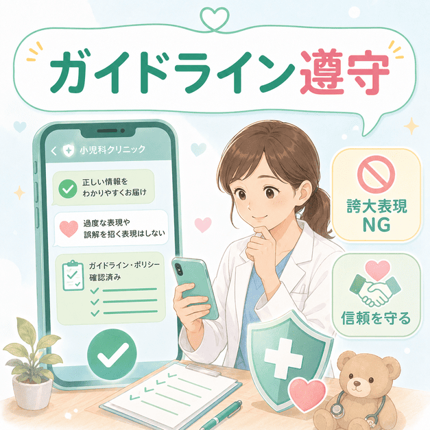 小児科のLINE配信で医療広告ガイドラインとLINEポリシーを確認し、誇大表現を避けて信頼を守る様子を描いたイラスト