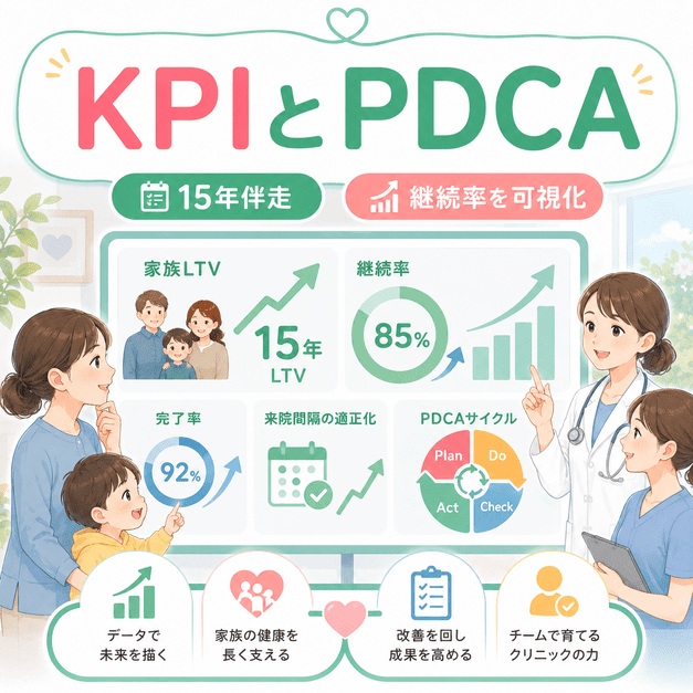 小児科LINE運用の15年伴走、継続率、家族LTV、PDCAサイクルをダッシュボードで見える化する様子を描いたイラスト