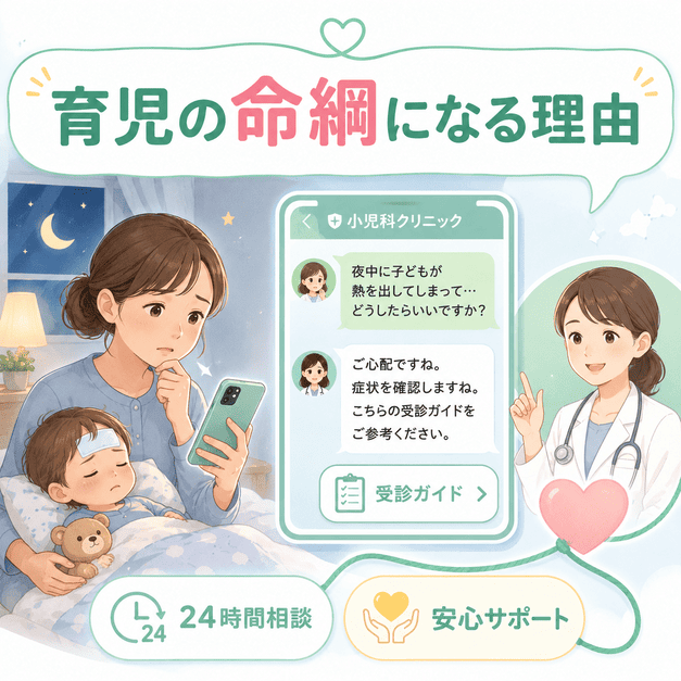 深夜に発熱した子どもを心配する母親がLINEで小児科に相談し、医師の受診ガイドで安心を得る様子を描いたイラスト