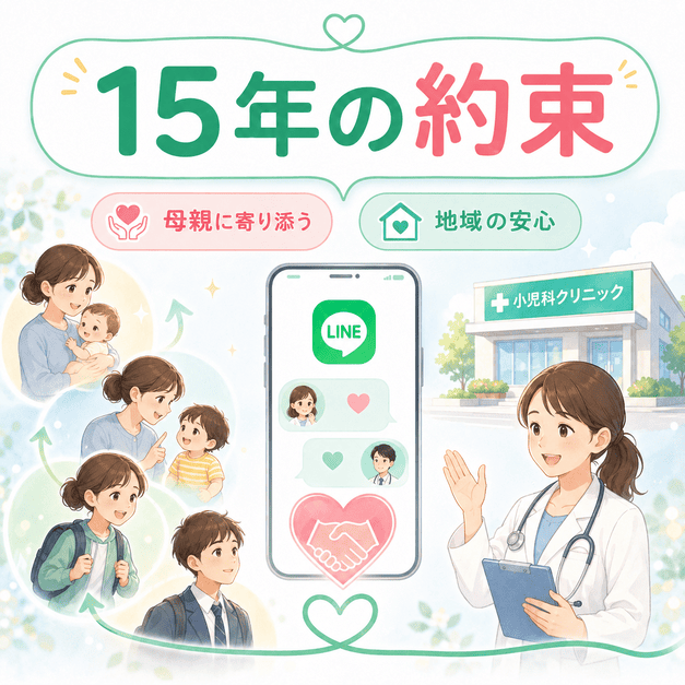 小児科クリニックがLINEを通じて母親に寄り添い、子どもの成長を15年間支える約束を表現したまとめイラスト