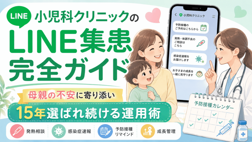 小児科クリニックのLINE集患完全ガイドとして、母親と子ども、女性医師、スマートフォン、予防接種や感染症速報の要素を描いたアイキャッチ画像