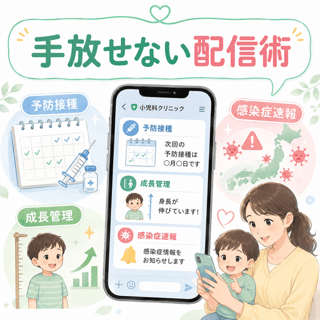 小児科LINEで予防接種リマインド、成長管理、感染症速報を配信し、母親に手放せない支援を届ける様子を描いたイラスト